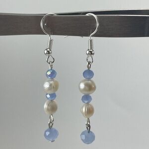 Artisan Hand Crafted Pearl Blue Glass Dangle Earrings Boho Silver Tone Hook